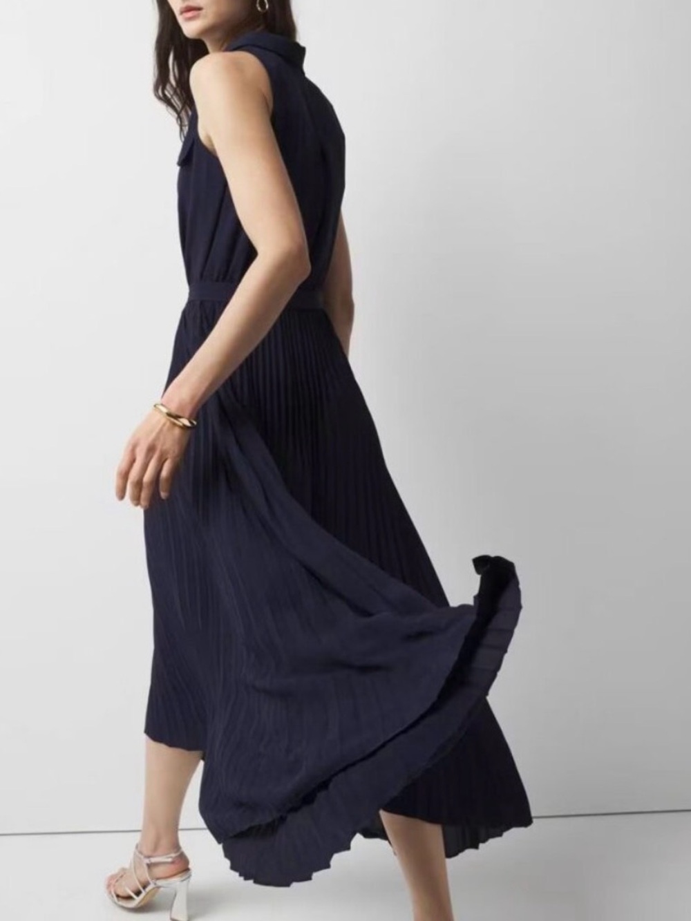 WHBM Sleeveless Pleated Midi Shirt Dress in Navy SIZE 6 - Picture 2 of 9